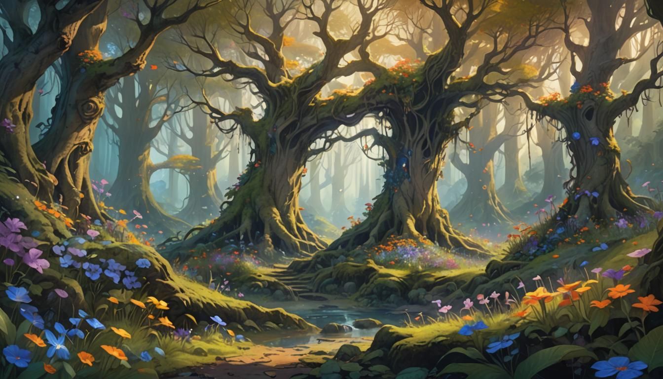 Whimsical Forest with Flowers: Fantasy Concept Art