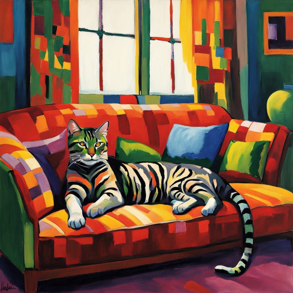 Warm Tiger Cat Relaxing on a Plush Couch in a Sunlit Room