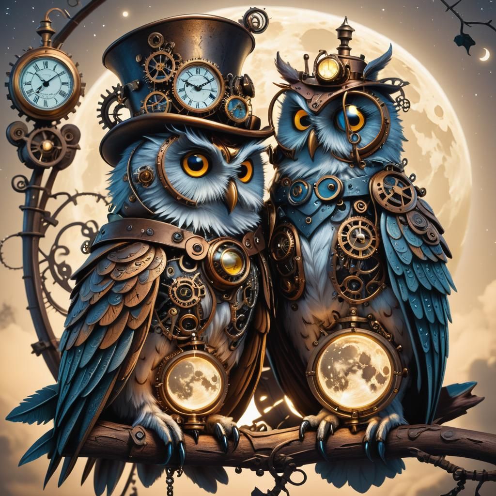 Steampunk Owls Under Crescent Moon