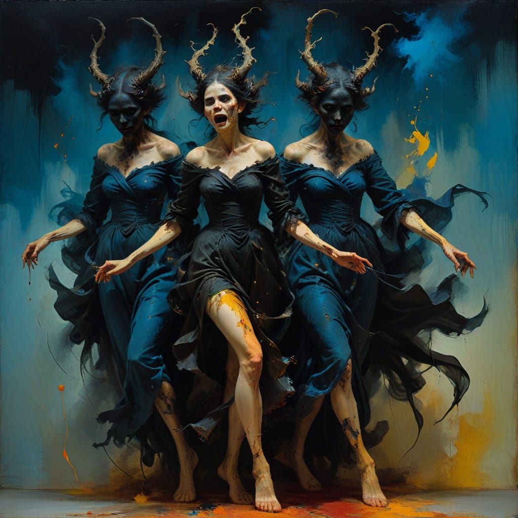 Ethereal Demon Witches in a Goya-Inspired Abyss