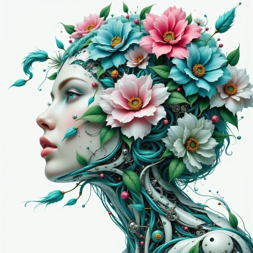 Biomechanical Woman with Floral Fusion