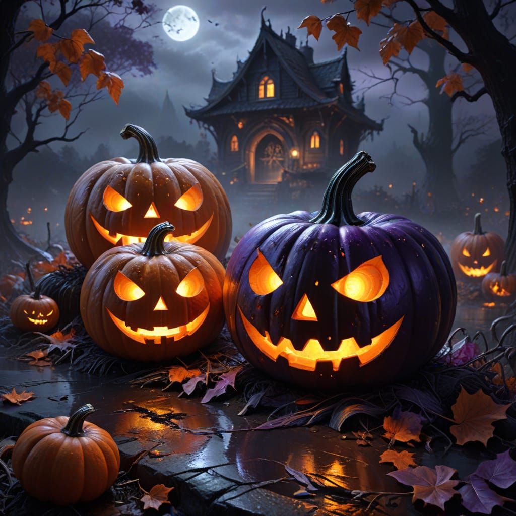 Enchanting Halloween Pumpkins Glow in Misty Fantasy Art
