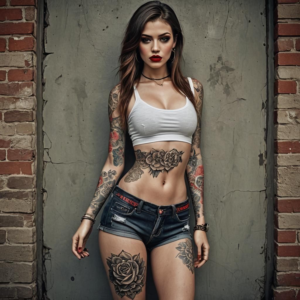 Beautiful Woman with Tattoos in Hyperrealistic Style