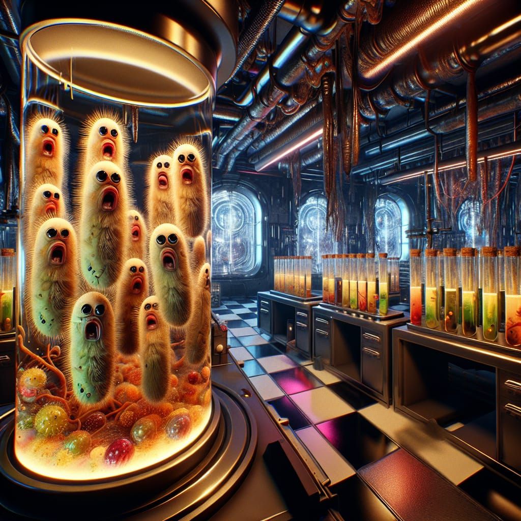 Surreal Mad Scientist's Lab with Human-Faced Microbes