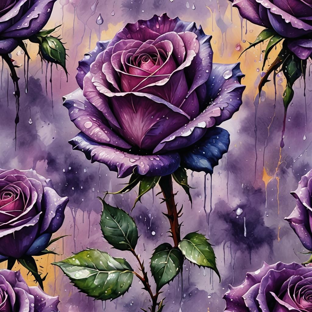 Tachisme Dynamic Brushwork of a purple rose with dew drops