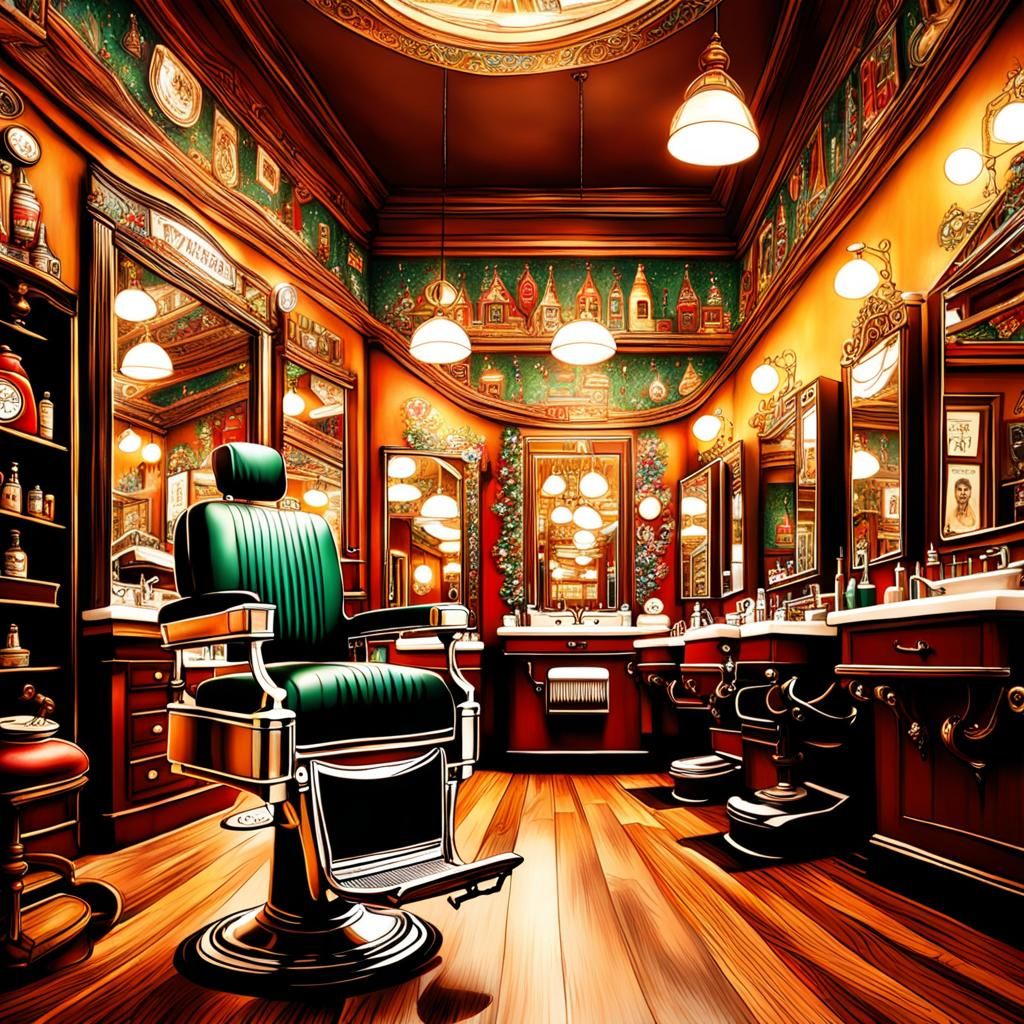 Ornate Christmas Barbershop in Airbrush Art Style