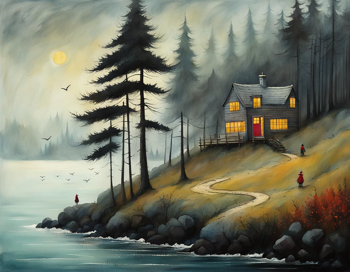 Magical Foggy Beach with Craggy Rocks Illustration