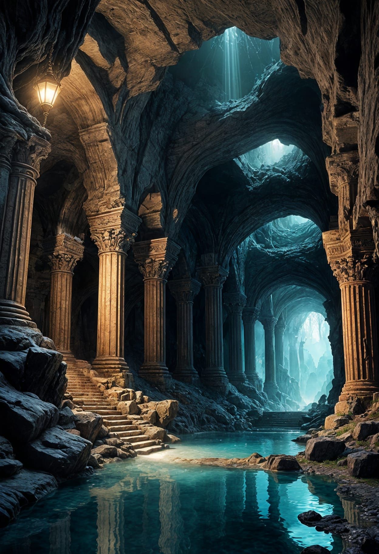 Surreal Underground Oasis with Lamplit Pool