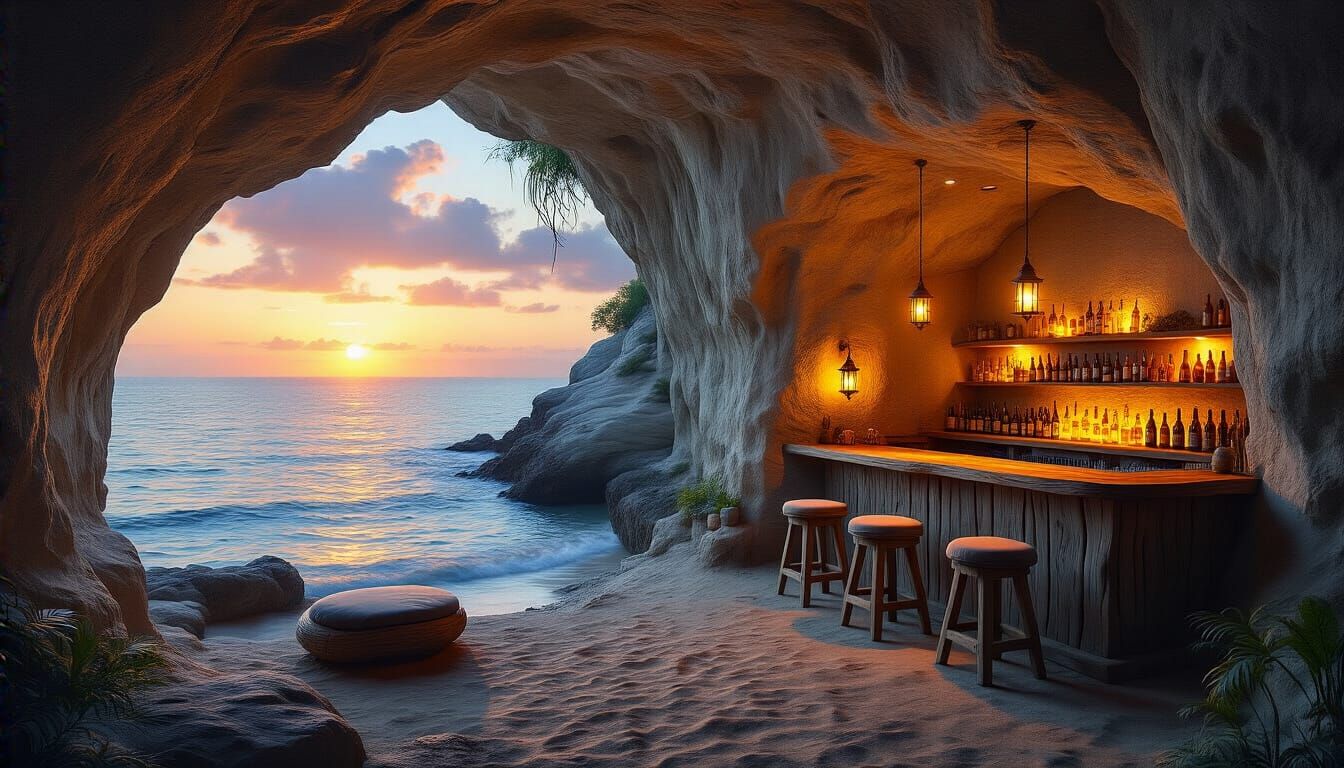 Seaside Cliff-Cave Reggae Bar at Sunset