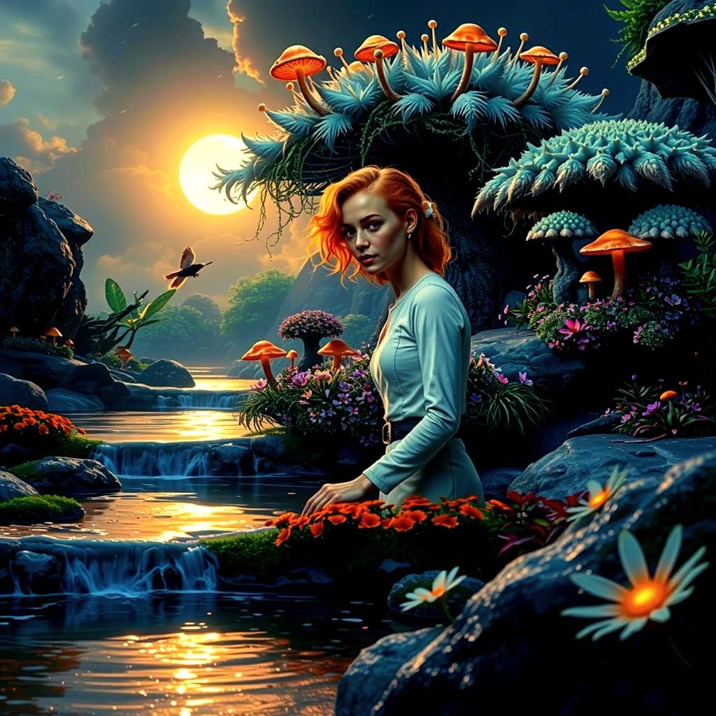 Mystical Grove Landscape with Ginger-Haired Woman