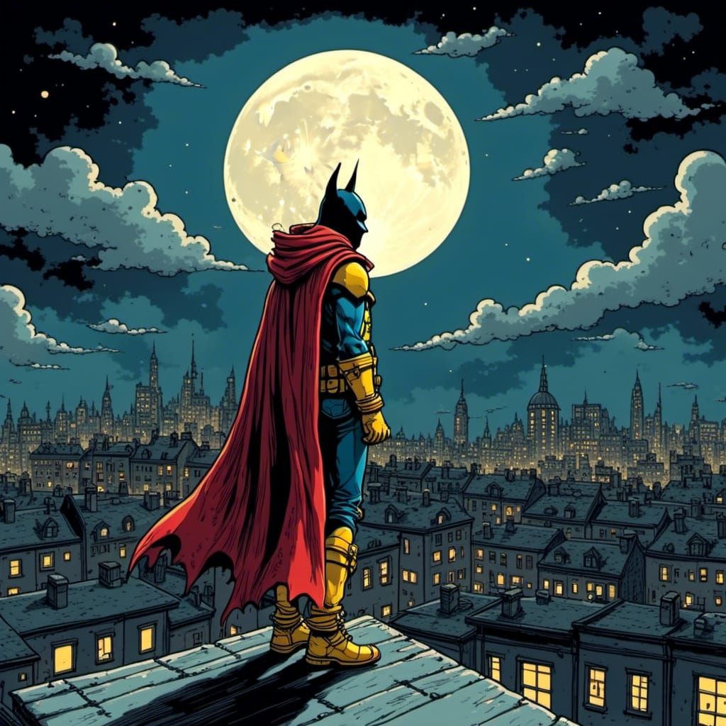 Caped Hero on Rooftop in Cartoon Style