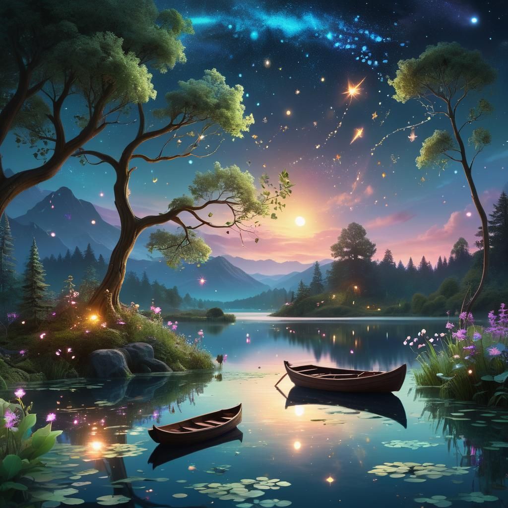 Twilight Lakeside Scene with Bioluminescent Plants