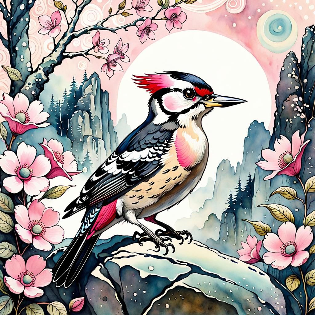 Watercolor Woodpecker with Floral Motifs