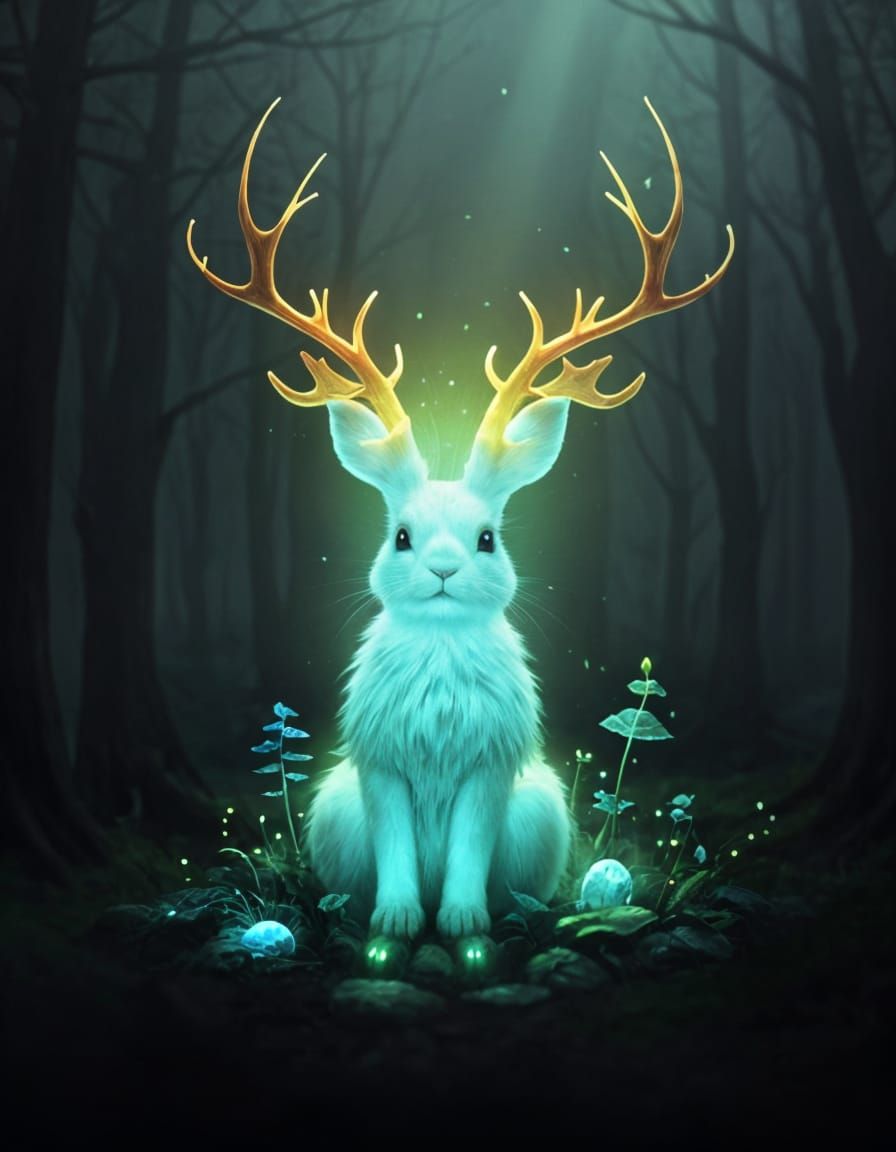 Bioluminescent Antlered Bunny in Fairytale Setting
