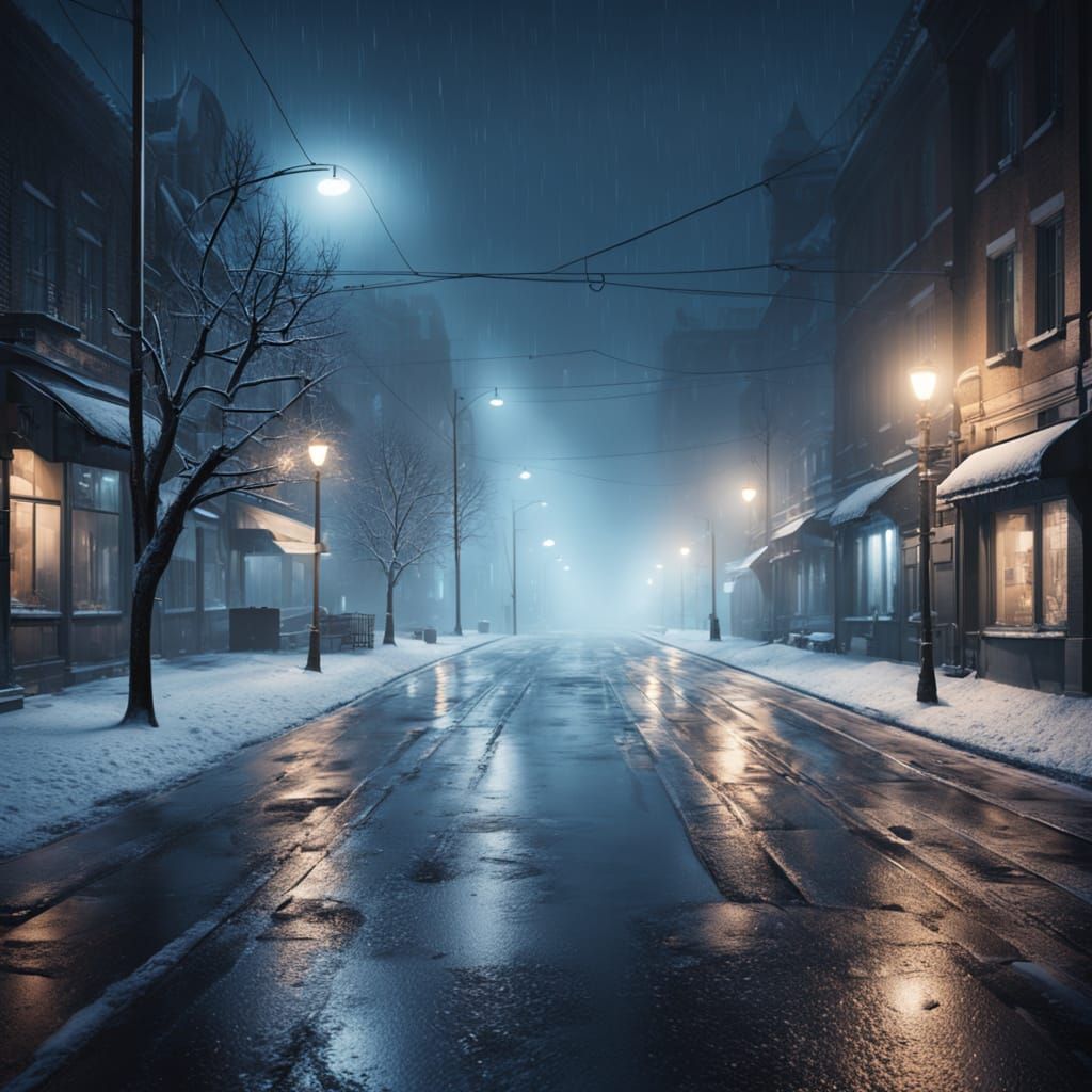 Foggy Snowy Cityscape at Night in Realistic Photography Styl...