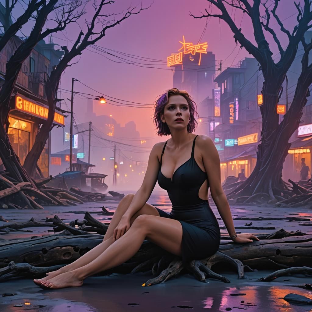 Futuristic Beach Scene with Figure in Cyberpunk Style