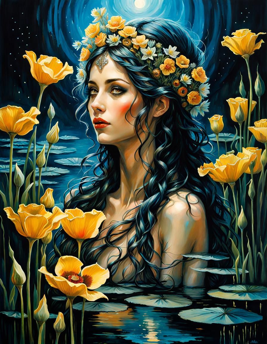 Bioluminescent Goddess Reflects in Floral Pond