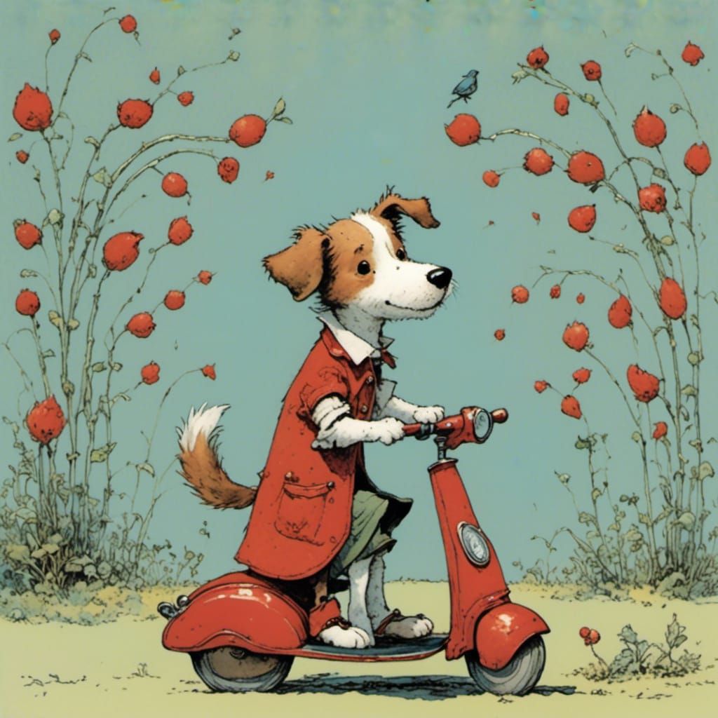 Dog Rides Scooter in Children's Book Style