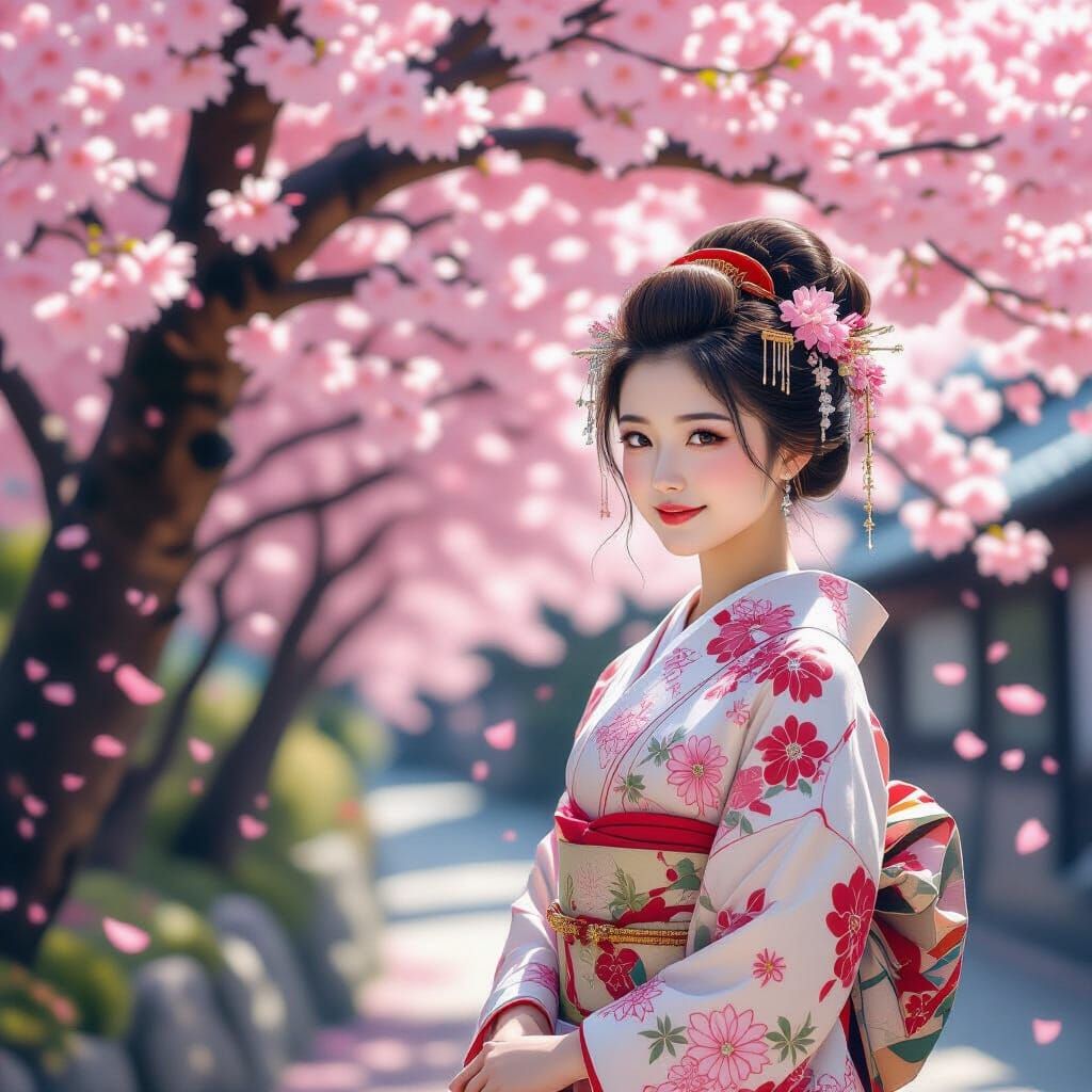 Japanese Woman Under Cherry Blossoms, Photorealistic Paintin...