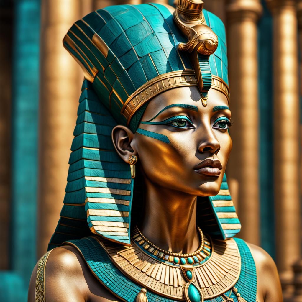 Sensual Pharaoh in Gold and Teal: Hyperrealistic Artwork