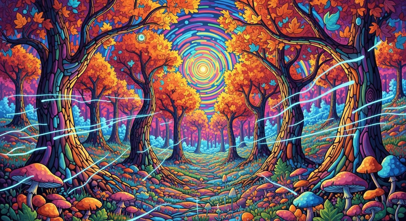 Psychedelic Autumn Forest Landscape in Kaleidoscopic Style