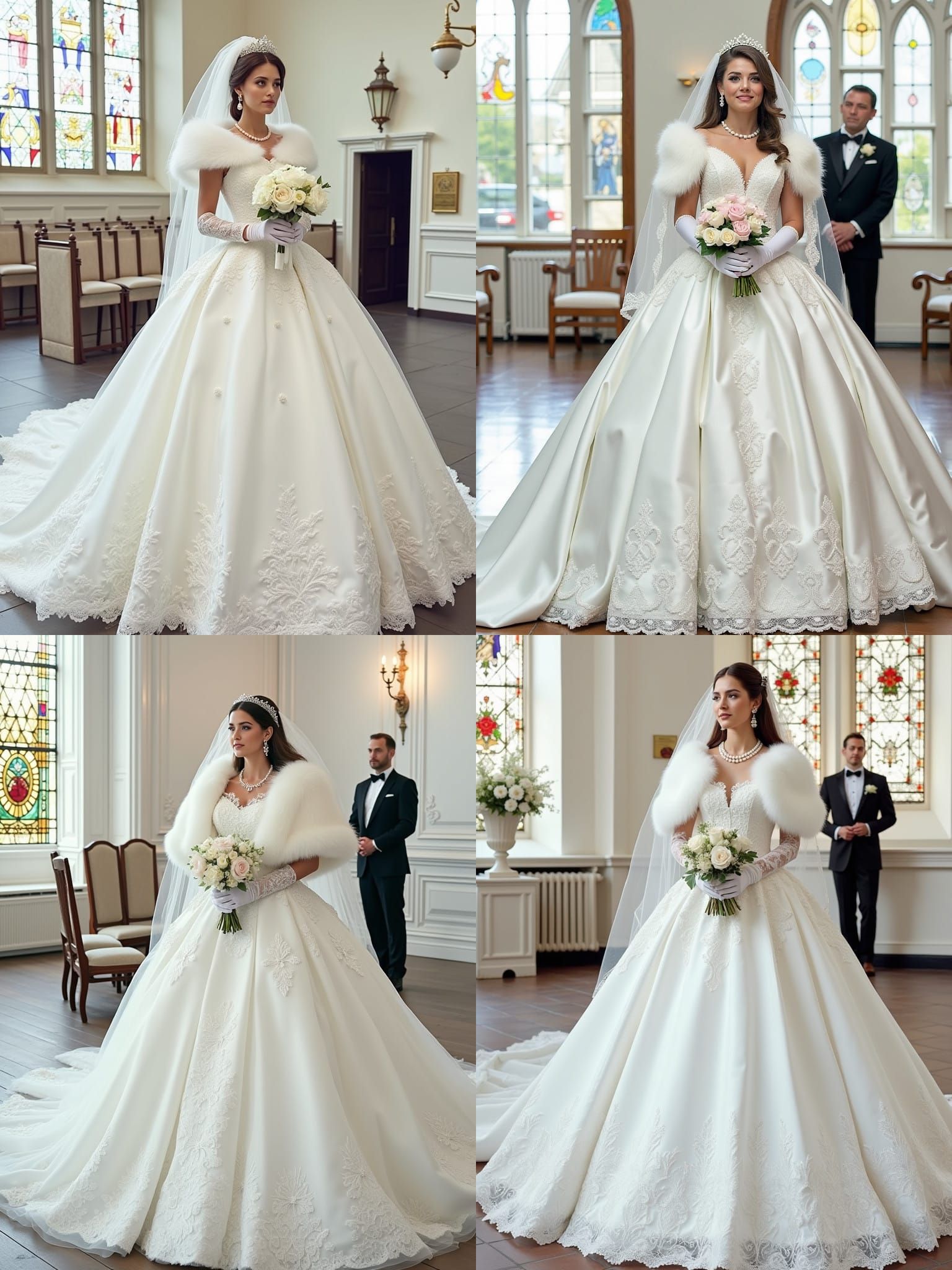 Elegant Bride in White Satin and Lace Gown