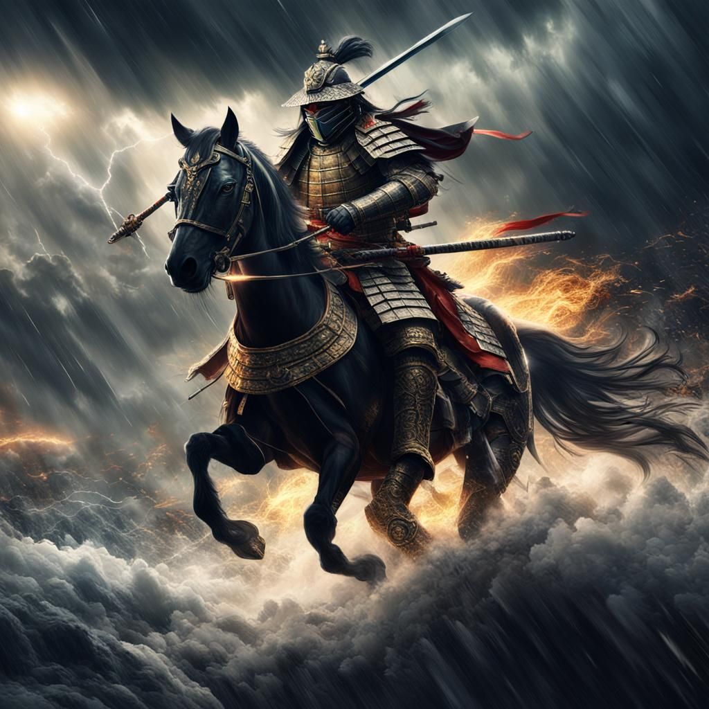 Samurai Rides Storm with Lightning Sword