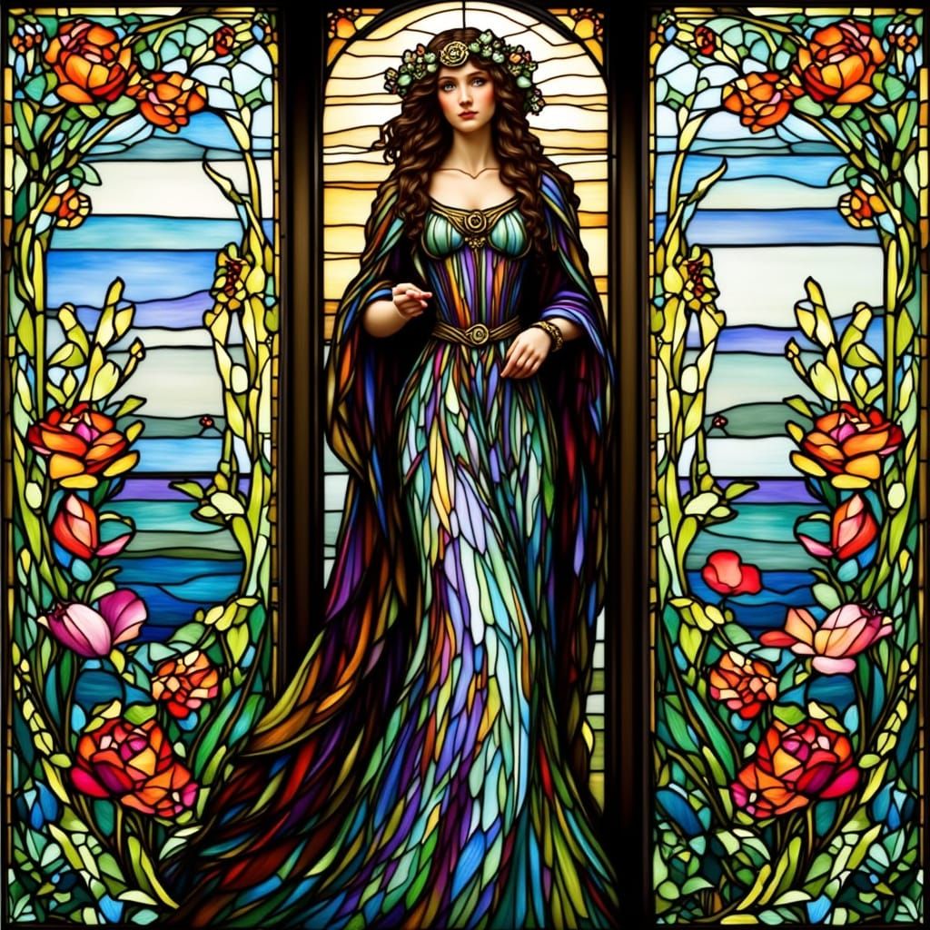 Woman in Stained Glass Dress with Rose Background