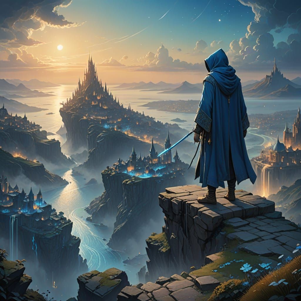 Blue Mage Contemplates Atlantis in Ethereal Landscape