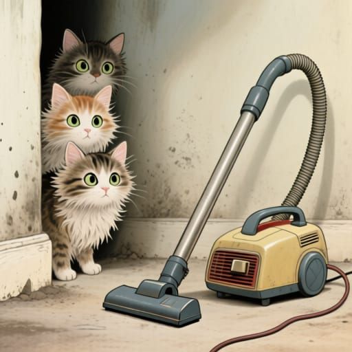 Timid Cats Confront Vintage Vacuum in Whimsical Style