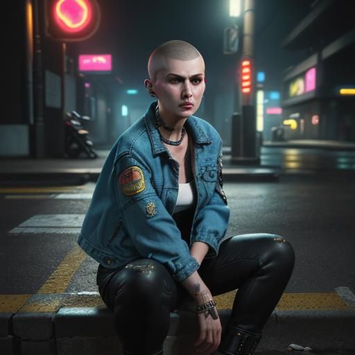 Cyberpunk Woman with Buzzcut Under Neon Streetlight