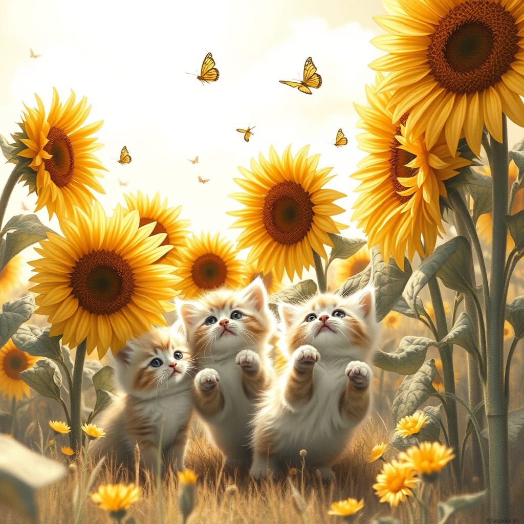 Kittens Playing Among Sunflowers in Hyperdetailed Charcoal D...
