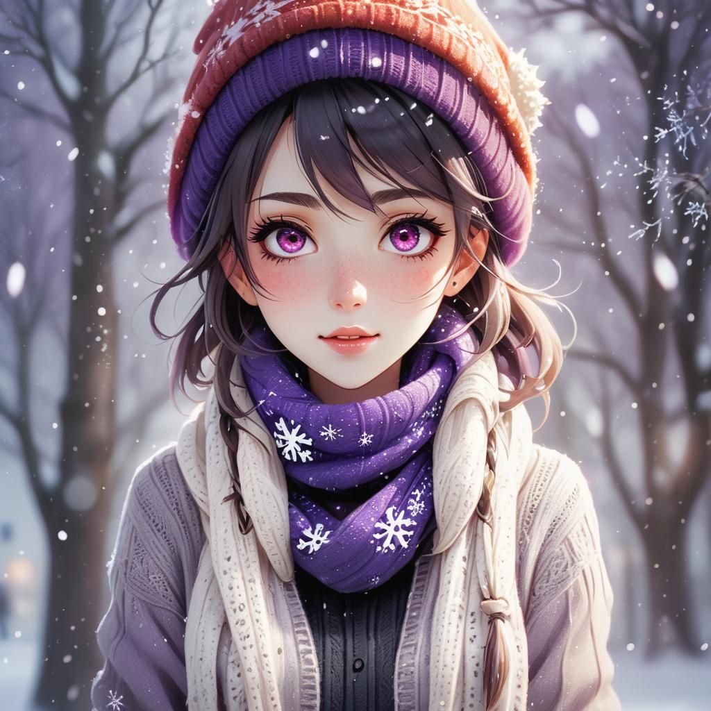 Gothic Woman in Snow, Anime Style Digital Portrait