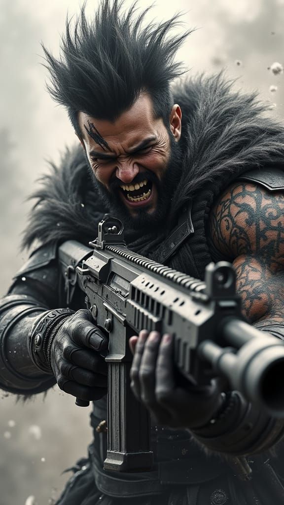 Ruthless Warrior Frozen Mid-Action in Hyper-Stylized Masterp...