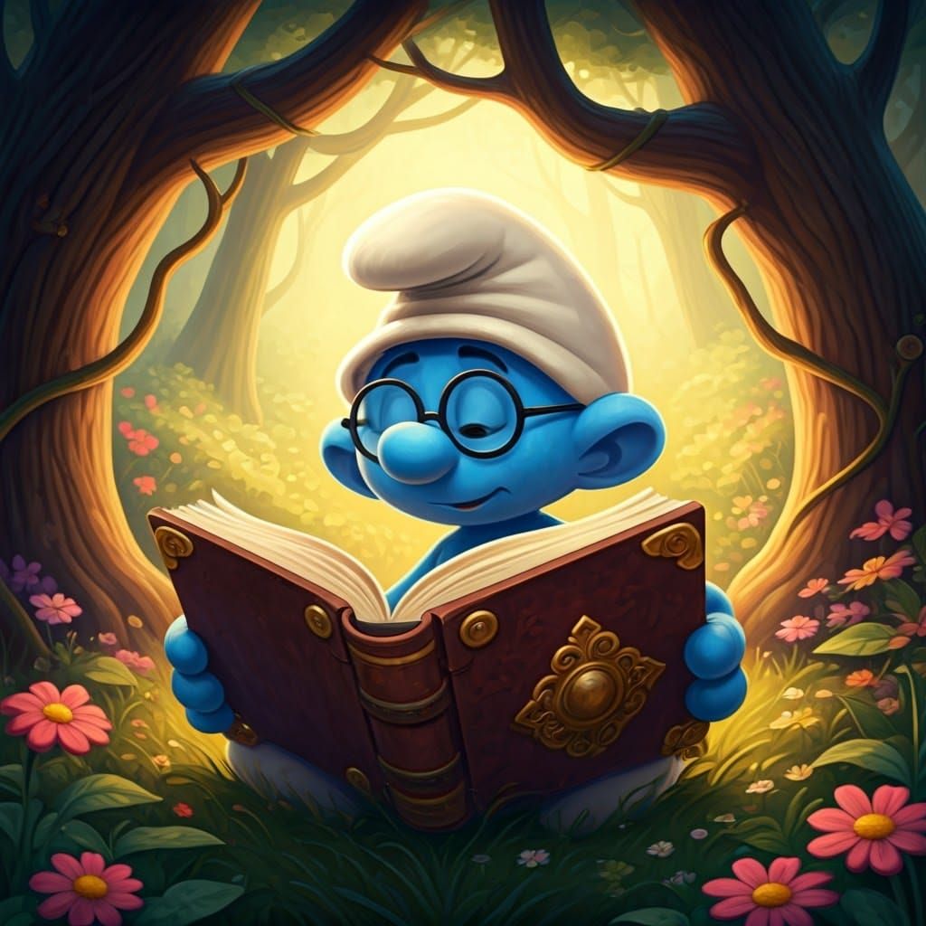 Smurf Scholar Lost in Whimsical Woodland Scene
