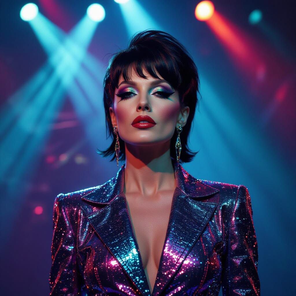 Glam Rock Star Woman in Sequinned Jumpsuit on Stage