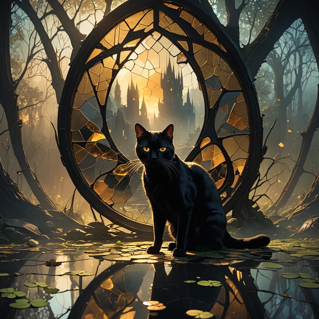 Glowing-Eyed Black Cat in Stained Glass