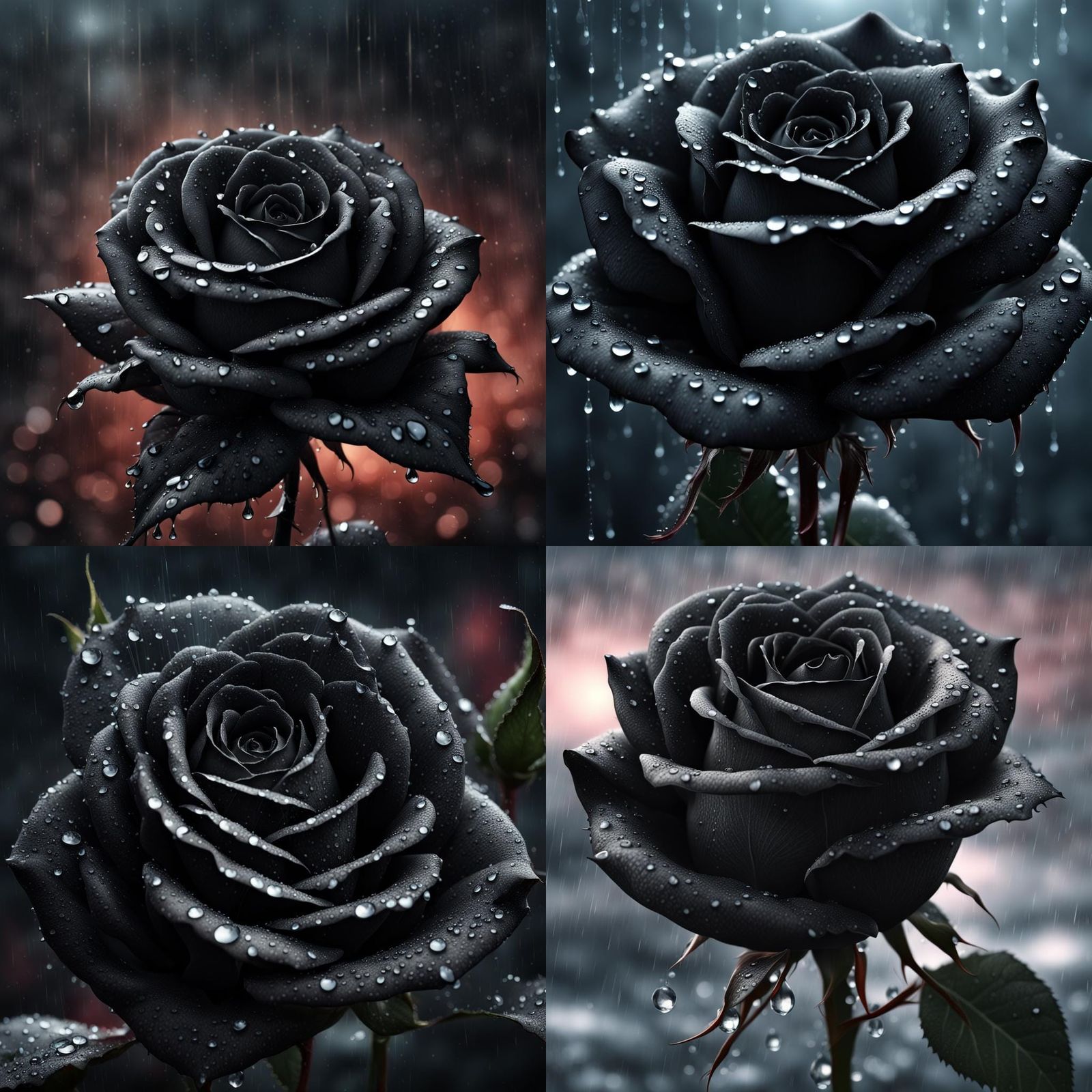 Dramatic Black Rose with Dew Drops Digital Painting