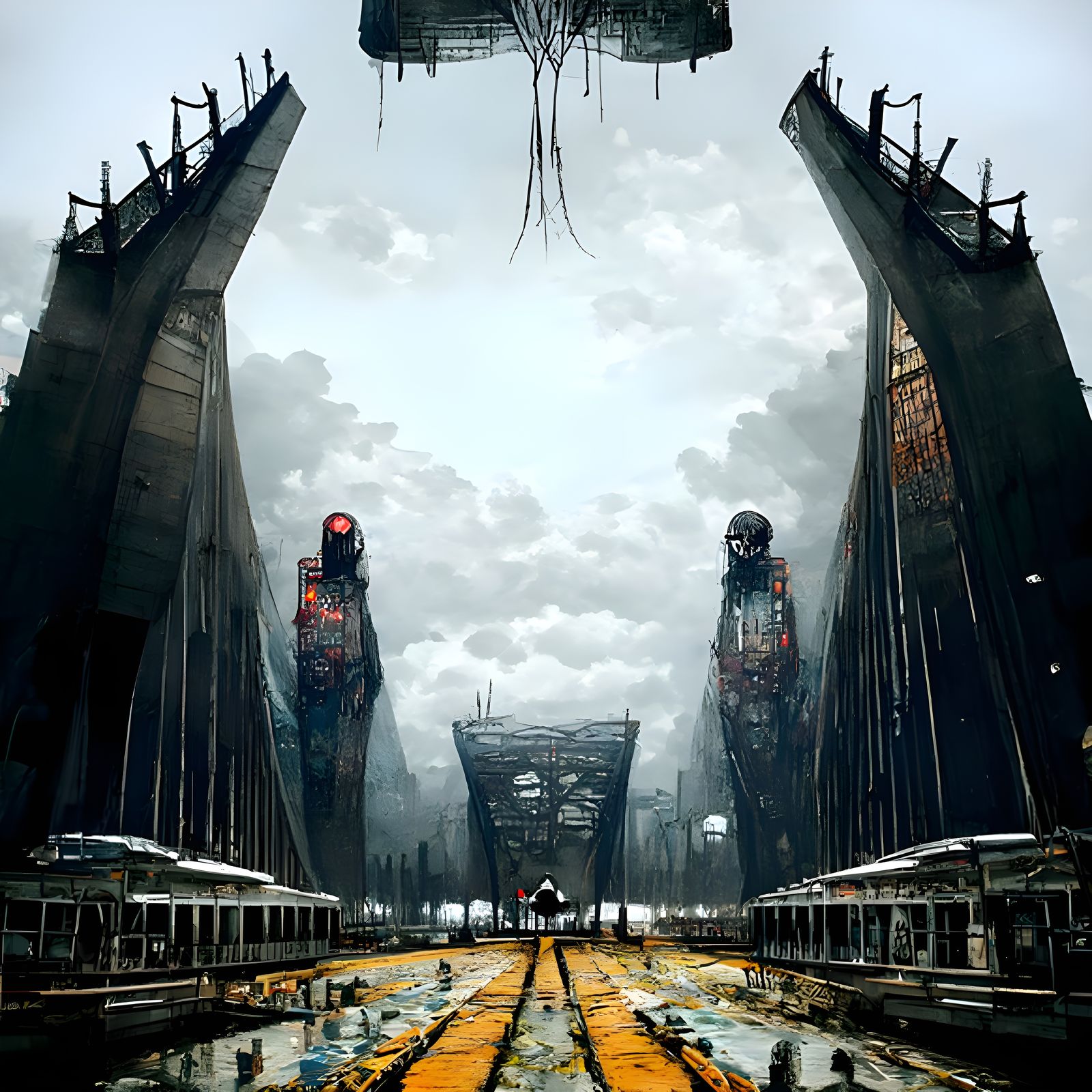 Eerie Dystopian Bridge with Brutalist Architecture