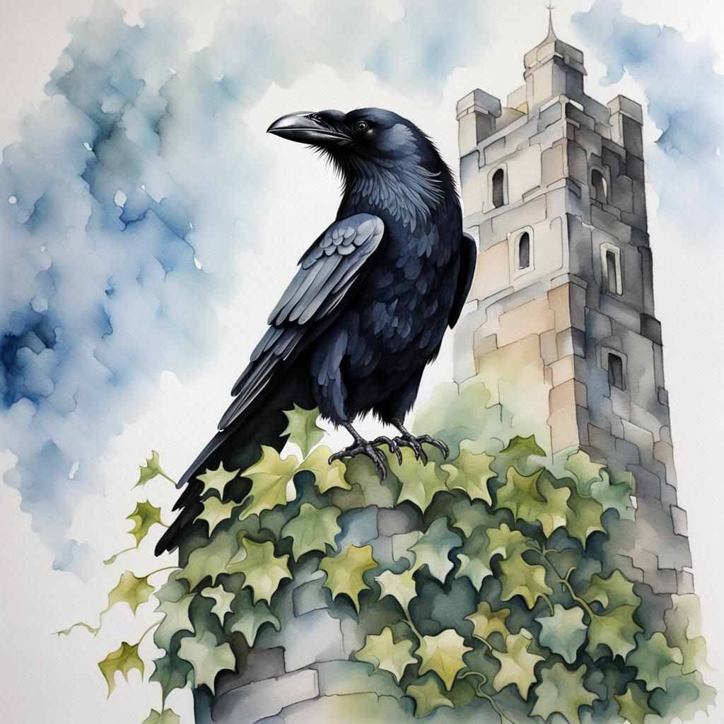 Raven with Ice Eyes Watercolor Painting