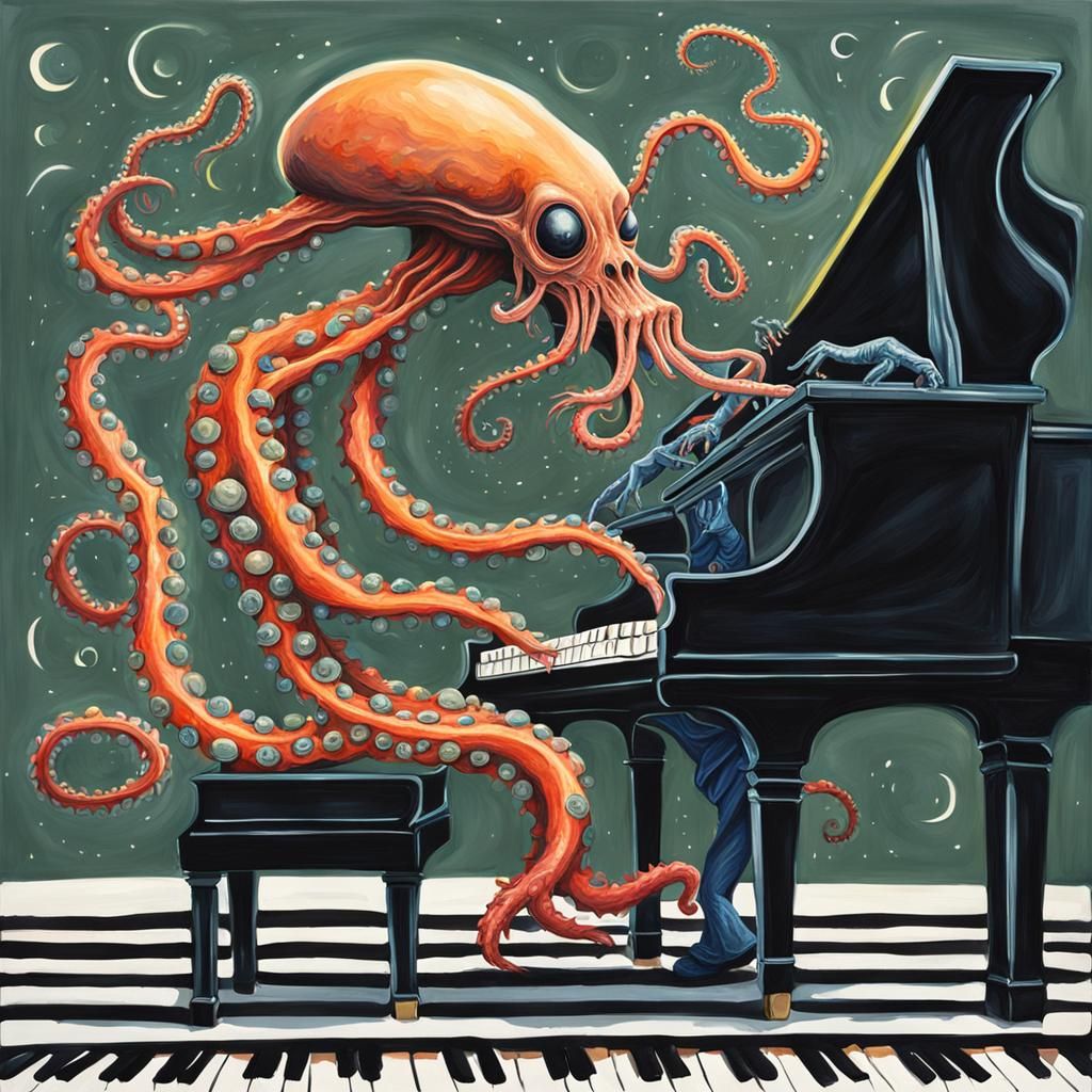 Alien Plays Piano: Gouache Style Painting