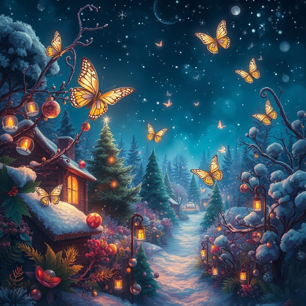 Winter Wonderland Scene with Butterflies and Twinkling Light...