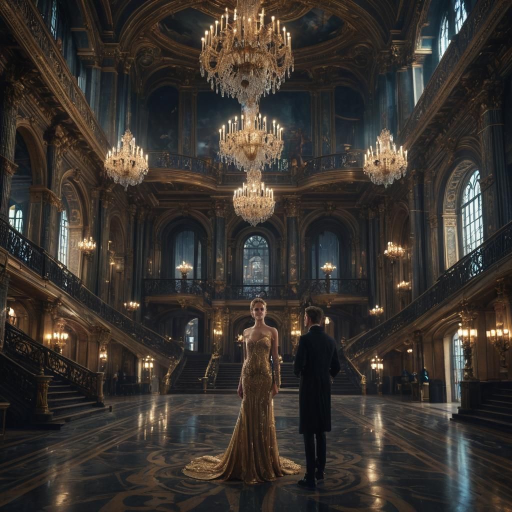 Opulent Hall with City View at Night