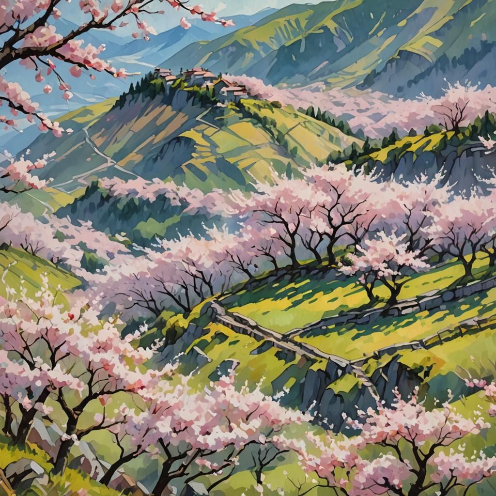 Cherry Blossoms on Mountain in Gouache Watercolor Style