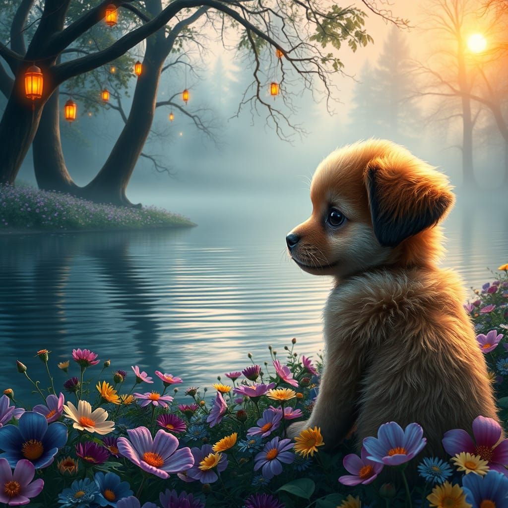 Whimsical Puppy in Enchanted Floral Landscape