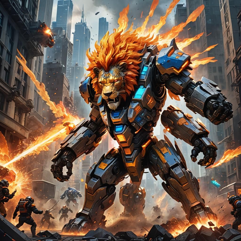 Battle between two mecha. One in the shape of a lion and the other in the shape of a bear.