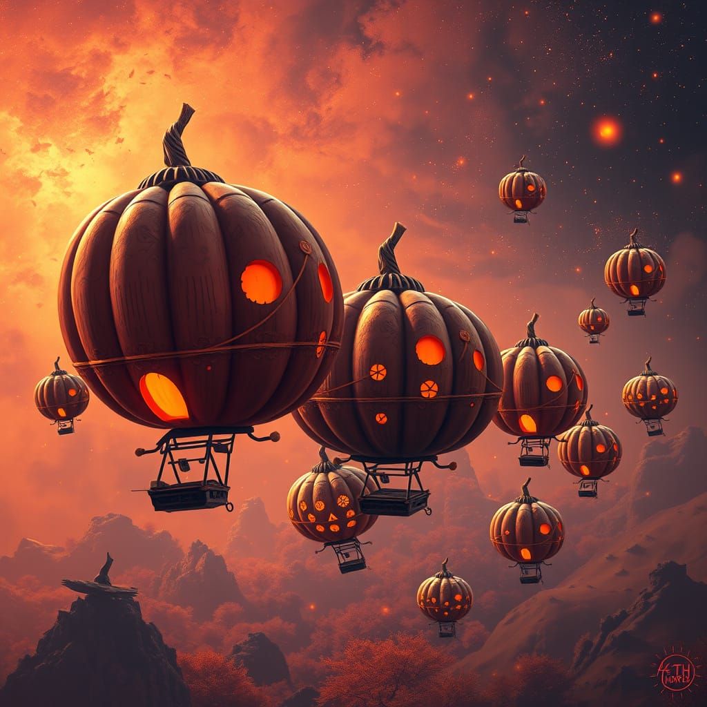 Fleet of Intricately Carved Airships in Autumn Galaxy