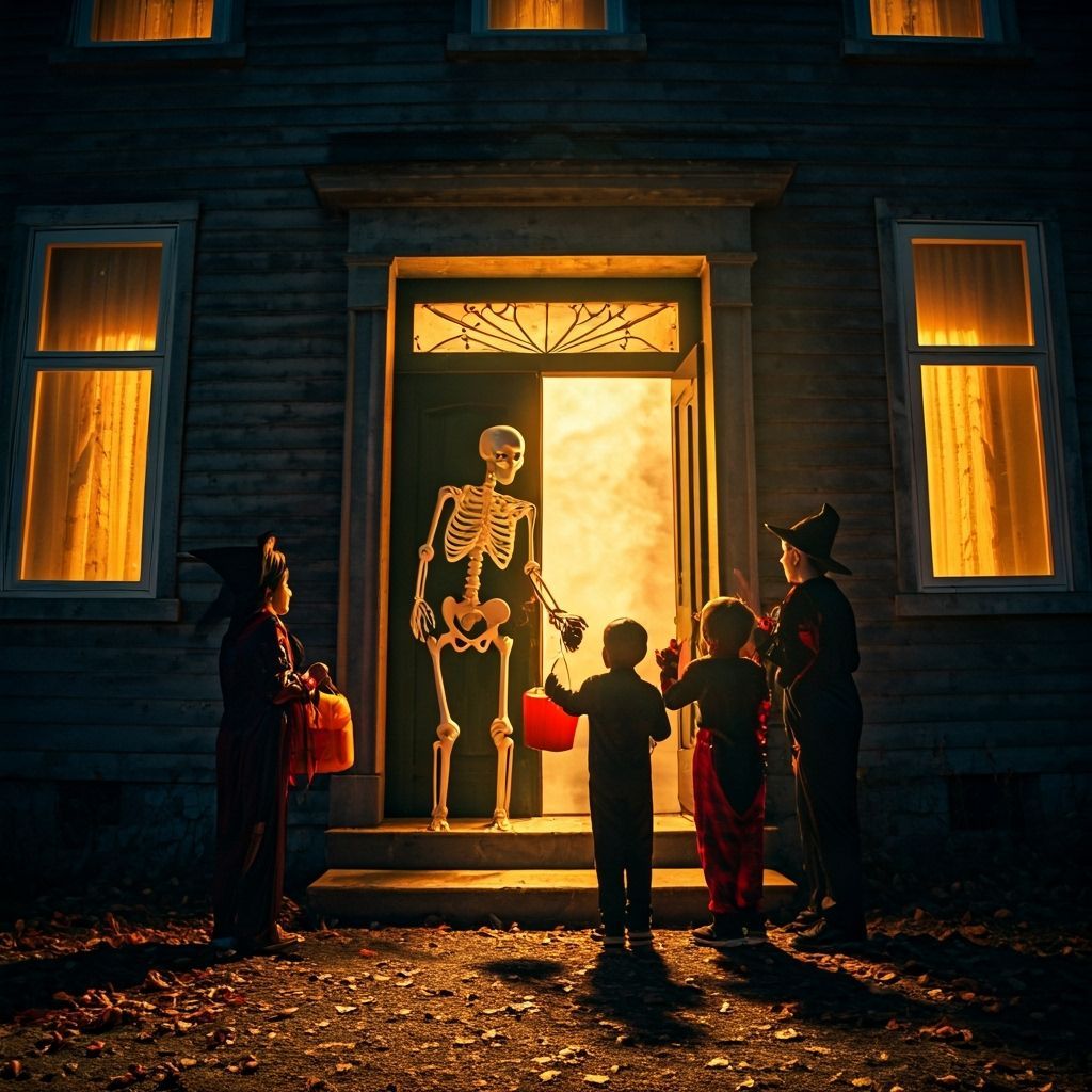 Skeleton Greeter Hands Out Candy on Halloween Night