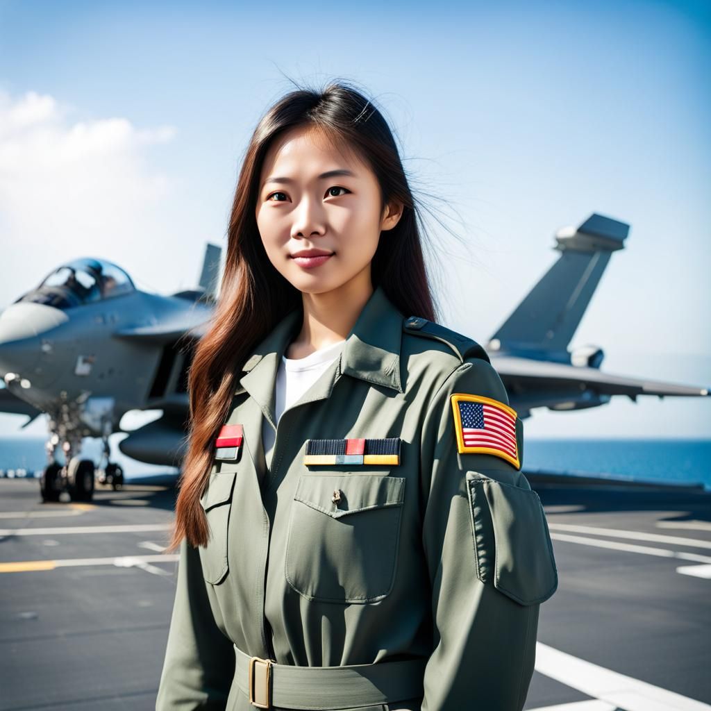 Asian Military Pilot Portrait on Aircraft Carrier