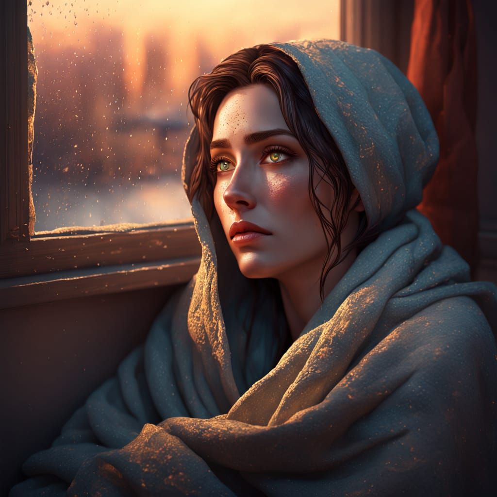 Woman's Golden Dusk Longing in Soft Rain